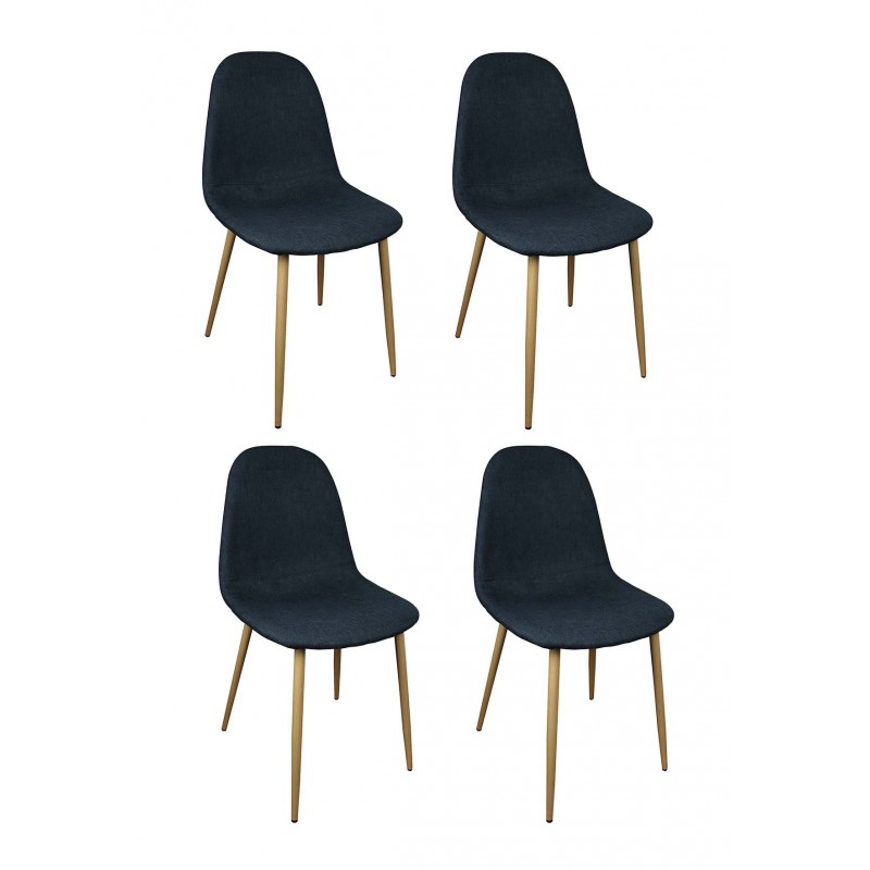 Lot 4 chaises tissu bleu marine pieds métal imitation bois - EMMA