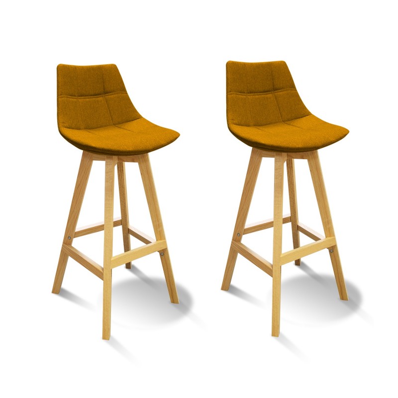 LOT DE 2 Tabourets de bar scandinave avec dossier - tissu JAUNE et piÃ¨tement bois naturel - WENDY