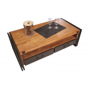 Table basse style industriel - bois massif acacia et métal - 2 tiroirs et niche de rangement - WORKSHOP