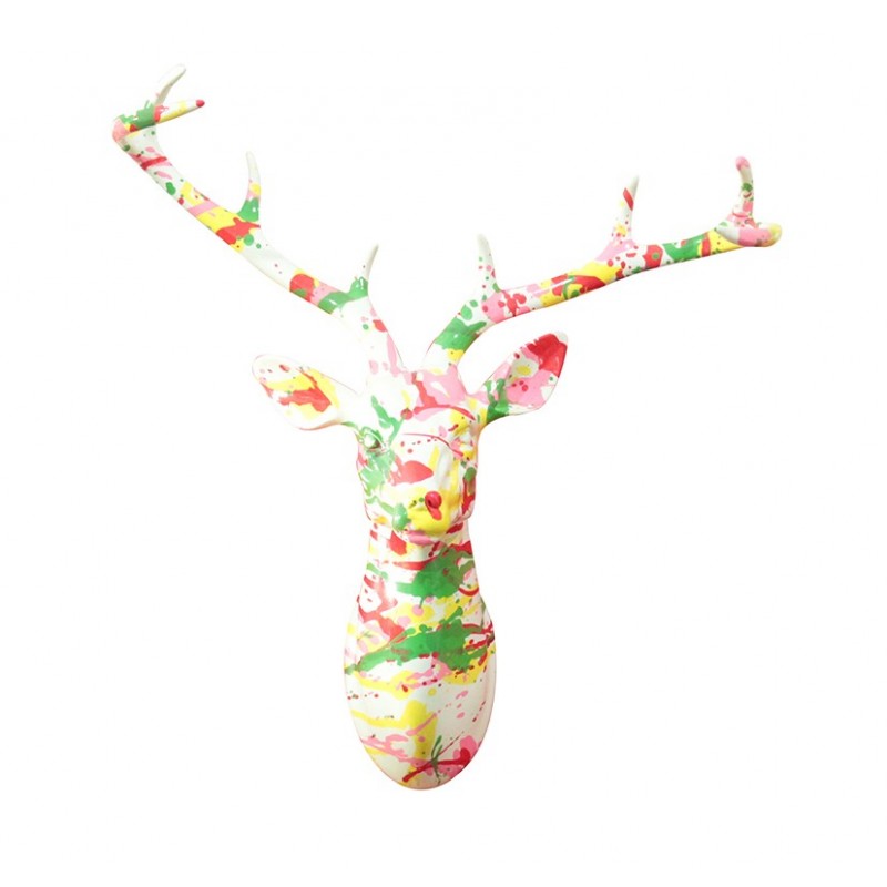 sculpture murale tête de Cerf 40 cm peinture laquée multicolore  - Trophée décoratif design contemporain abstrait - CERF