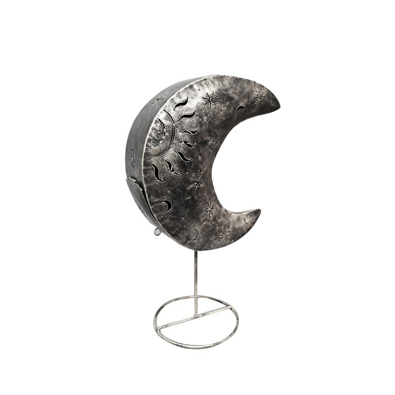 Photophore lune en métal argenté - objet décoratif artisanal à poser - LUNA SILVER