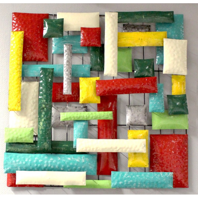 Décoration murale carrée 50 cm plaques multicolore en métal peint  - objet décoratif artisanal abstrait à suspendre - MIX /M