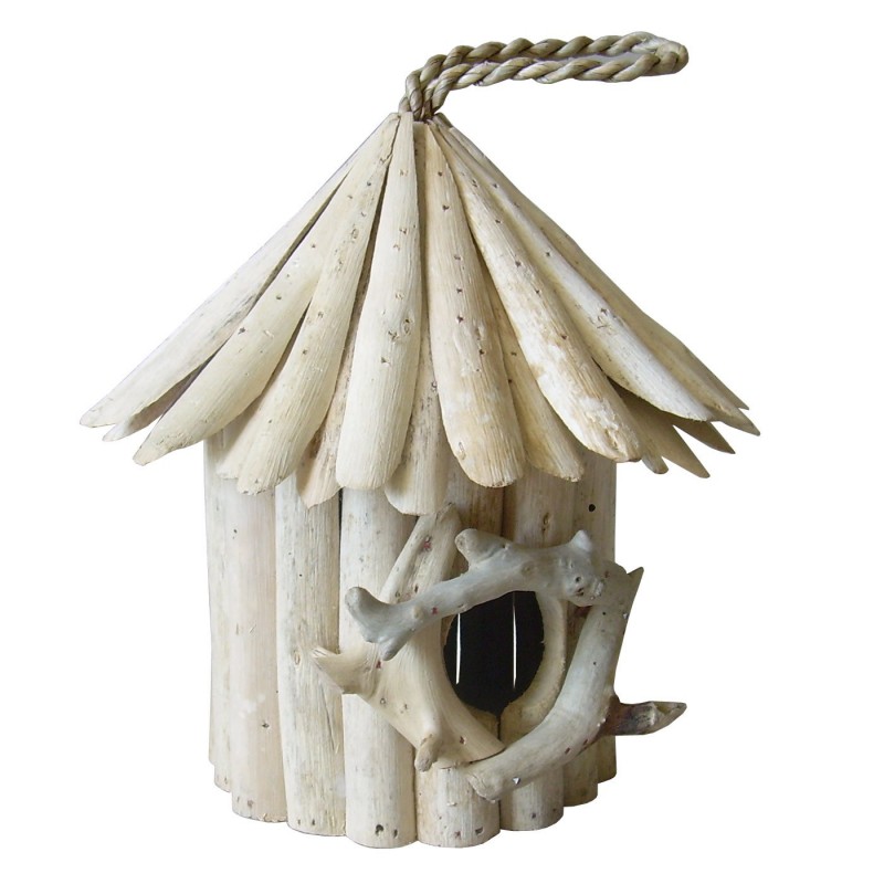 Nichoir maison à oiseaux en teck  - objet décoratif à poser à suspendre - design bohème chic & nature  - BIRDY 01