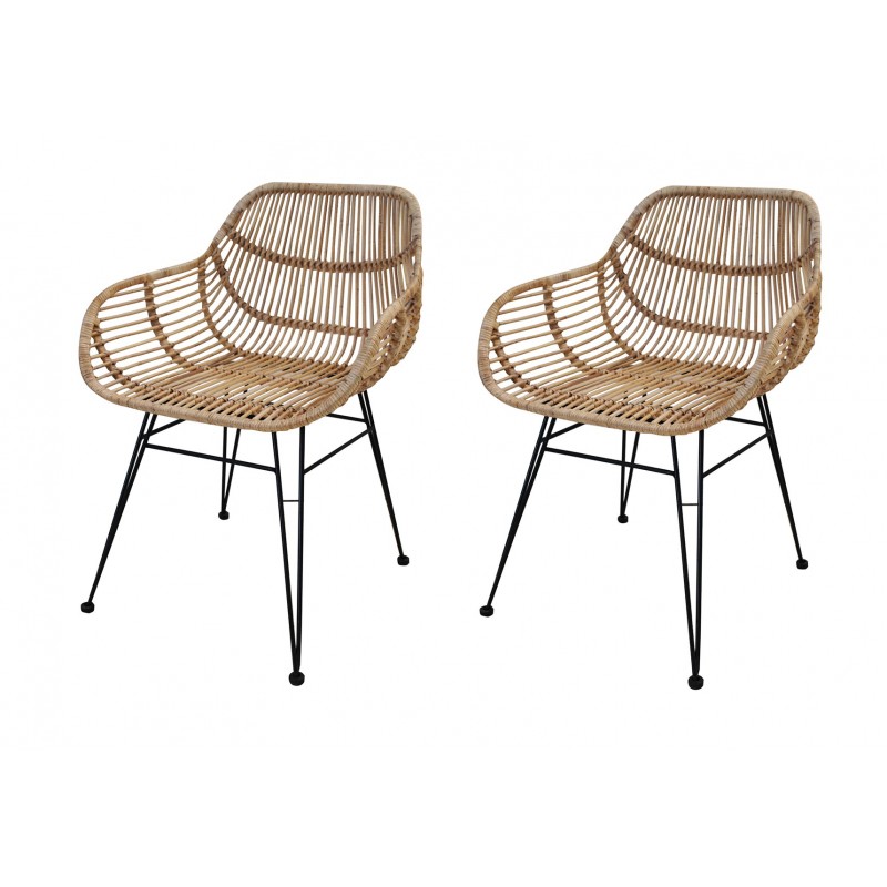 LOT 2 Fauteuils en rotin naturel piétement en métal noir - style exotique ethnique bohème chic - IBIZA