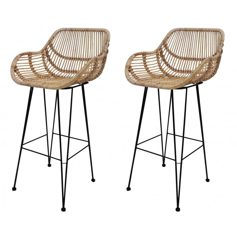 LOT 2 Tabourets de bar en rotin naturel piétement en métal noir -style exotique ethnique bohème chic  - GOA
