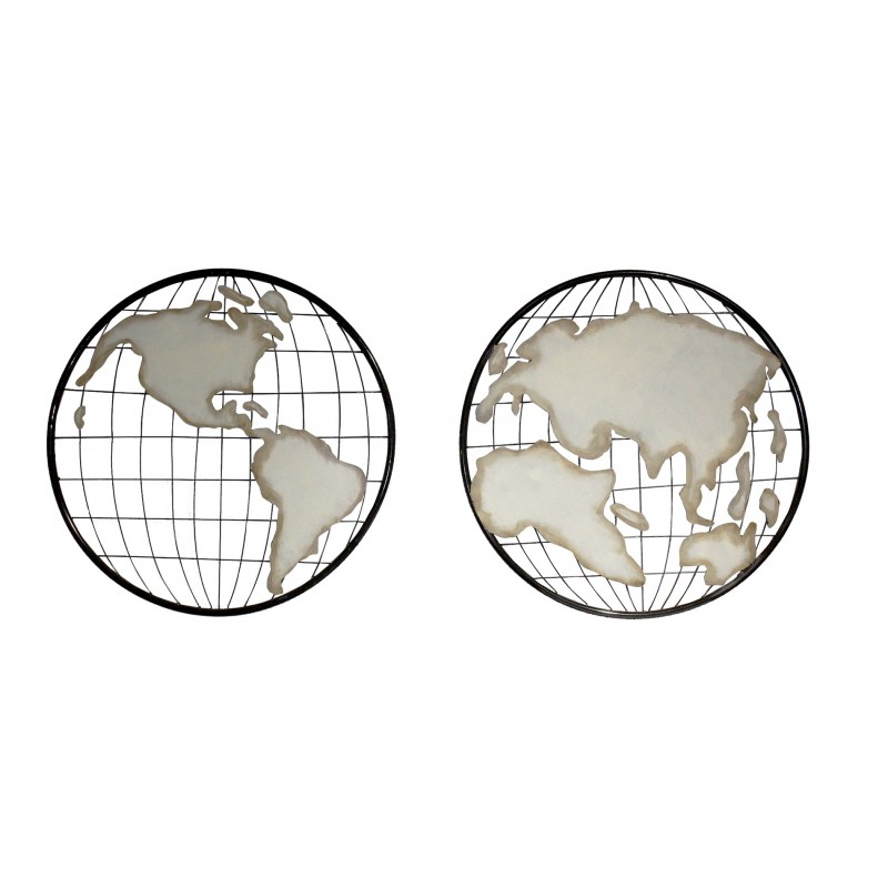 Cartes du monde, deux cercles mappemonde, décoration murale en métal noir et beige - WORLD
