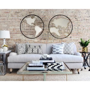 Cartes du monde, deux cercles mappemonde, décoration murale en métal noir et beige - WORLD