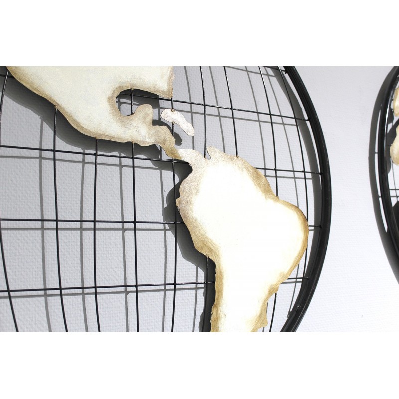 Cartes du monde, deux cercles mappemonde, décoration murale en métal noir et beige - WORLD