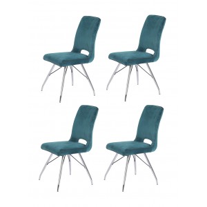 Lot de 4 chaises velours bleu et pieds acier chromé - Confort & Qualité - design contemporain vintage - BELLA