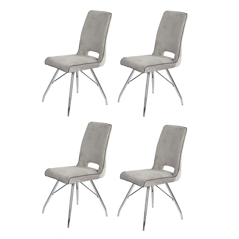 Lot de 4 chaises velours gris clair et pieds acier chromé - Confort & Qualité - design contemporain vintage - BELLA