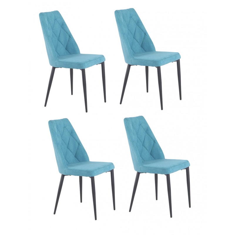 Lot de 4 chaises tissu bleu capitonné et pieds métal noir - RITA