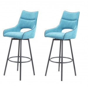 Lot de 2 chaises hautes de bar tissu bleu et piétement métal pivotant - tabouret de bar design contemporain industriel - ROY