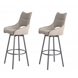 Lot de 2 chaises hautes de bar tissu beige/taupe et piétement métal pivotant - ROY