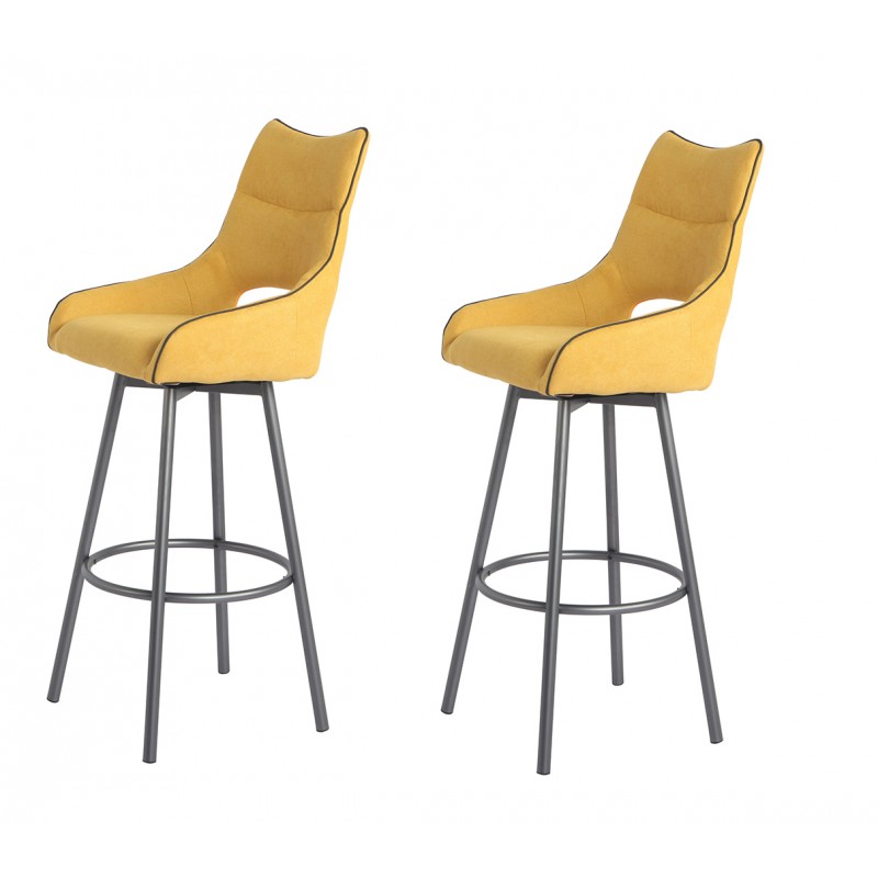 Lot de 2 chaises hautes de bar tissu jaune et piétement métal pivotant - ROY