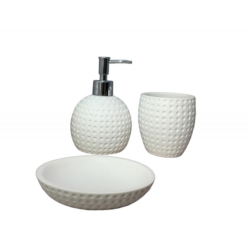 Set 3 accessoires salle de bain en polyrésine et pierre naturelle aspect rond blanc - JULIA