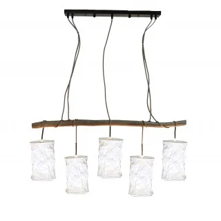 Suspension lustre 5 abats-jour blanc -design campagne chic, classique, nature - WOODEN
