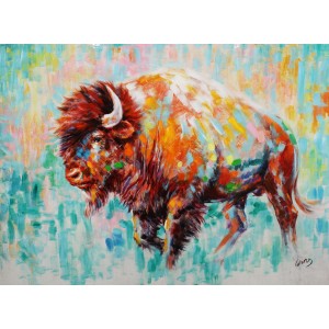 Peinture sur toile 120 cm cadre décoratif mural animal sauvage multicolore - BISON