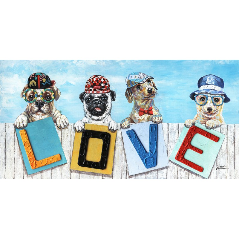 Tableau peinture quatre chiens LOVE 120 x 60 cm - DOG TEAM