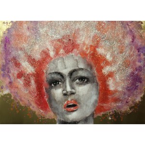 Tableau peinture femme afro 70s rose violet 120x90 cm - PINK AFRO