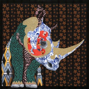 Peinture sur toile 100 cm cadre décoratif mural multicolore - REGARDPeinture rhinocéros funky patchwork 100 cm - RHINO REGARD