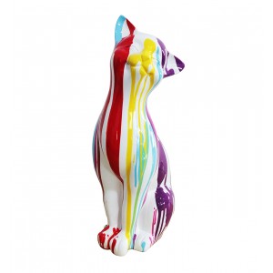 Sculpture chat multicolore assis en résine - CAT