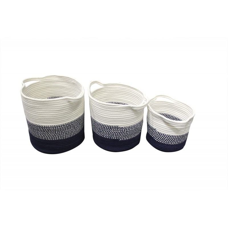 Lot de 3 paniers de rangement rond en corde de coton bleu et blanc - salle de bain, dressing, chambre - COTON