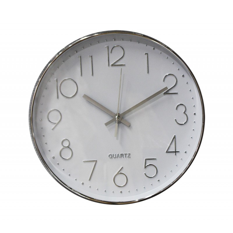 Horloge quartz ronde 30 cm blanche et argent avec cadran à aiguilles - décoration moderne - CLOCK