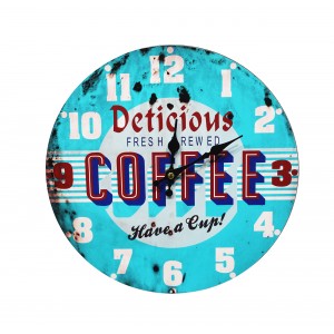 Horloge ronde 30 cm bleue avec cadran à aiguilles et visuel effet plaque rouillée - décoration murale vintage - COFFEE