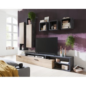 Meuble TV 270 cm avec tiroirs et niches de rangement en bois gris et beige - Collection VALENTINA