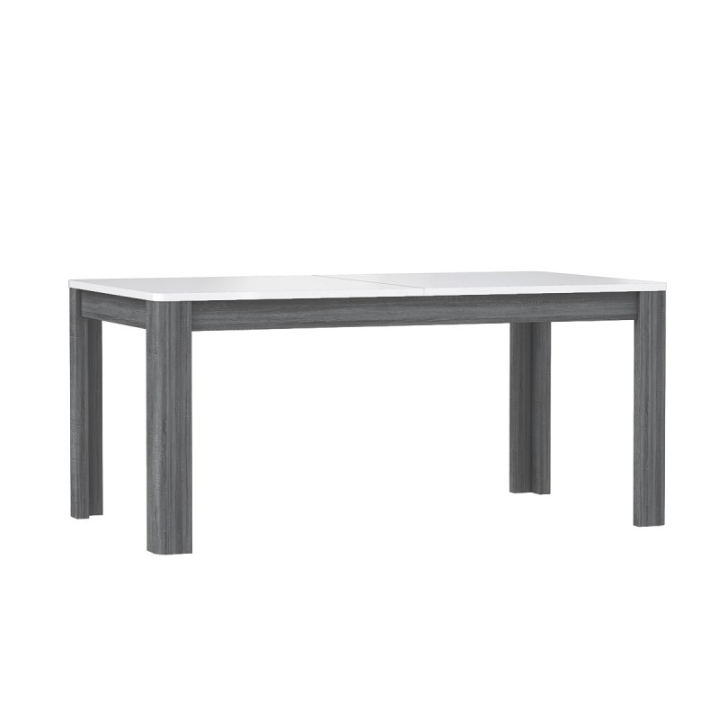 Table de repas extensible 160 cm, plateau blanc laqué et piétement bois gris - design contemporain - Collection ALEXIANE