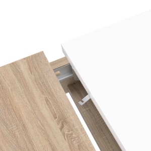 Table de repas extensible 160 cm, plateau blanc laqué et piétement bois gris - design contemporain - Collection ALEXIANE