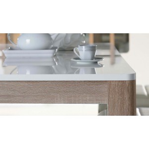 Table de repas extensible 160 cm, plateau blanc laqué et piétement bois naturel - design contemporain - Collection ALEXIANE