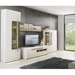 Meuble TV blanc laqué et décor chêne naturel avec éclairage LED - design contemporain - Collection ALEXIANE