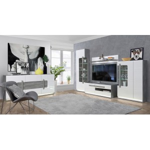 Meuble TV blanc laqué et décor chêne gris avec éclairage LED - design contemporain - Collection ALEXIANE