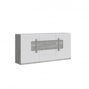 buffet 3 portes blanc laqué et décor chêne gris avec éclairage LED - design contemporain - Collection ALEXIANE