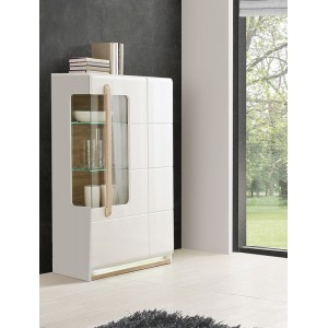 meuble vitrine 2 portes blanc laqué et décor chêne naturel avec éclairage LED - design contemporain - Collection ALEXIANE