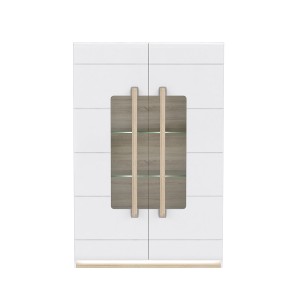 Armoire vitrine 2 portes laquée blanche et décor chêne naturel avec éclairage LED - design contemporain - Collection ALEXIANE