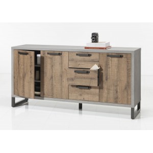 Buffet bahut 3 portes et 3 tiroirs de rangement en bois marron et gris - design industriel factory - BROOKLYN
