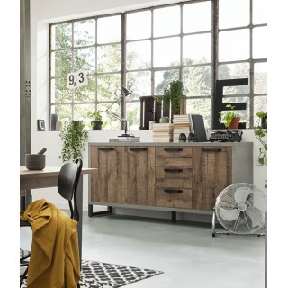 Buffet bahut 3 portes et 3 tiroirs de rangement en bois marron et gris - design industriel factory - BROOKLYN