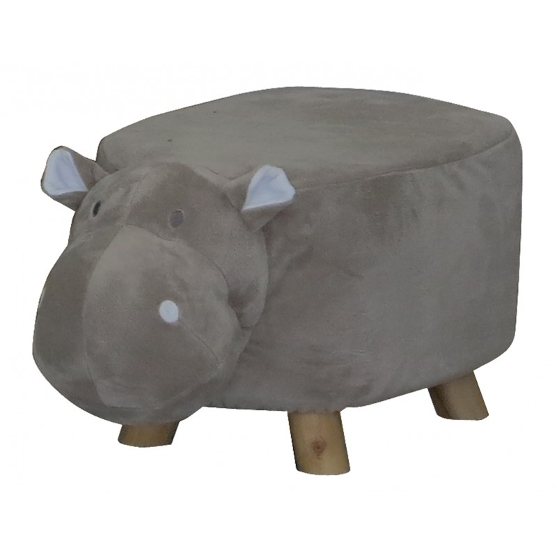 Pouf Enfant Design hippopotame gris Tissu Doux et Pied Bois - Tabouret Jouet Forme Animal - HIPPO