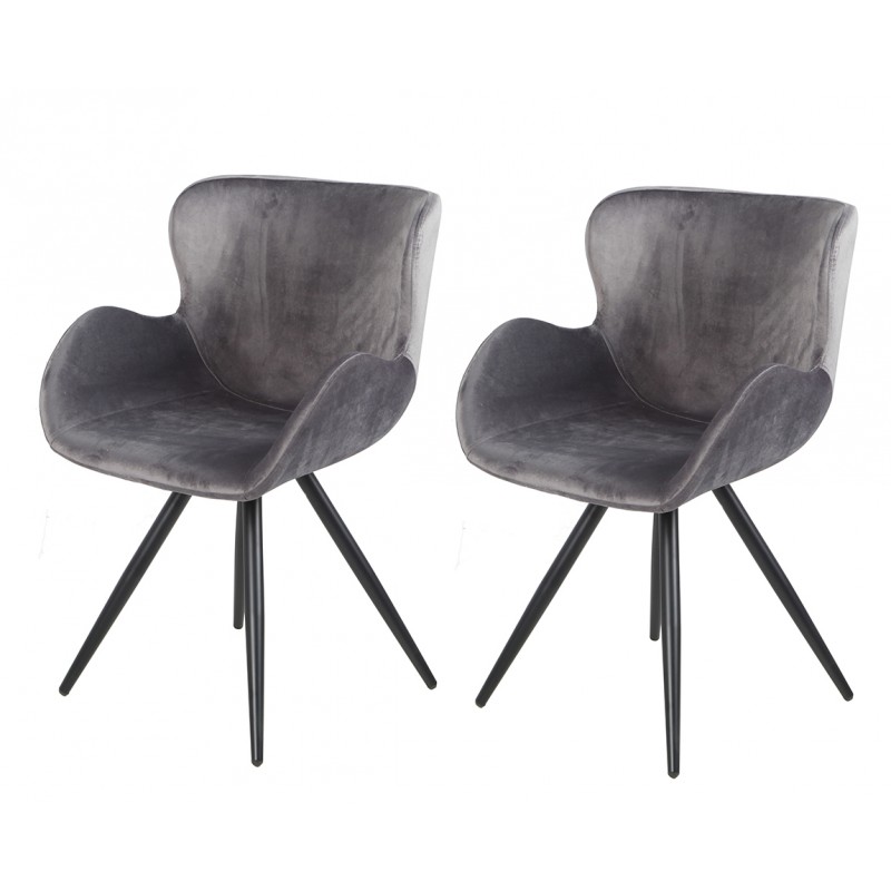 Lot de 2 Chaises velours gris et pieds métal noir - fauteuil design contemporain scandinave - LOTUS