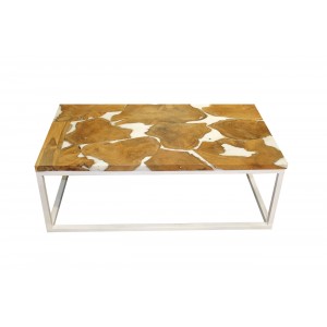 Table basse rectangulaire en teck et résine blanche - design contemporain - paulette