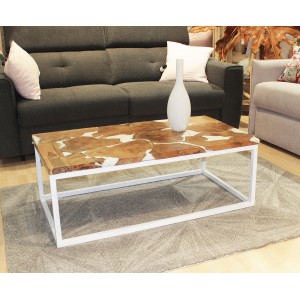 Table basse rectangulaire en teck et résine blanche - design contemporain - paulette