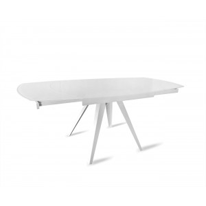 Table de repas en verre blanc extensible 120/180 cm ovale - système de rallonges rotatives - ADELPHIA