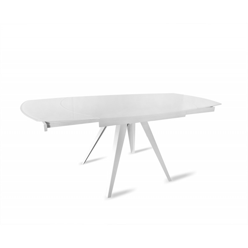 Table de repas en verre blanc extensible 120/180 cm ovale - système de rallonges rotatives - ADELPHIA