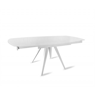 Table de repas en verre blanc extensible 120/180 cm ovale - système de rallonges rotatives - ADELPHIA