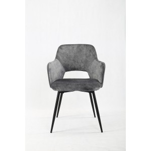 Lot de 2 chaises accoudoirs gris foncé bi-matière suédine et simili avec piétement métal noir - design contemporain - LILOU