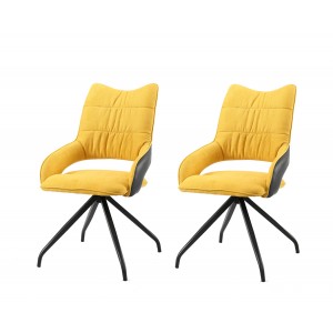 Lot de 2 chaises fauteuil tissu jaune bi-matière moelleux confortable et piétement etoile métal noir - MELOW