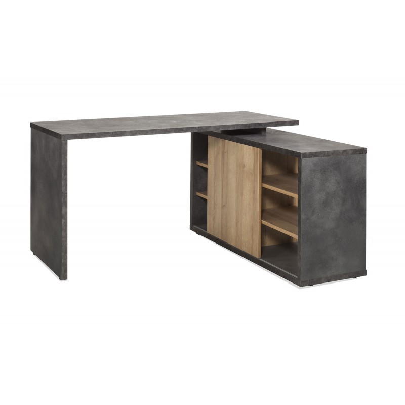 Bureau d'angle réversible 140 cm en bois marron et gris avec rangement et étagères - JENY