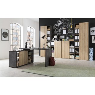 Bureau d'angle réversible 140 cm en bois marron et gris avec rangement et étagères - JENY